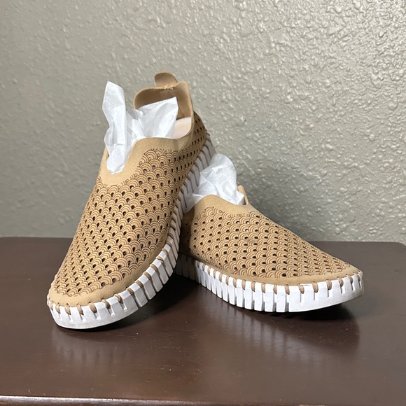 Ilse Jacobsen Shoes - Ilse Jacobsen Tan Perforated Slip-Ons with White Soles‎